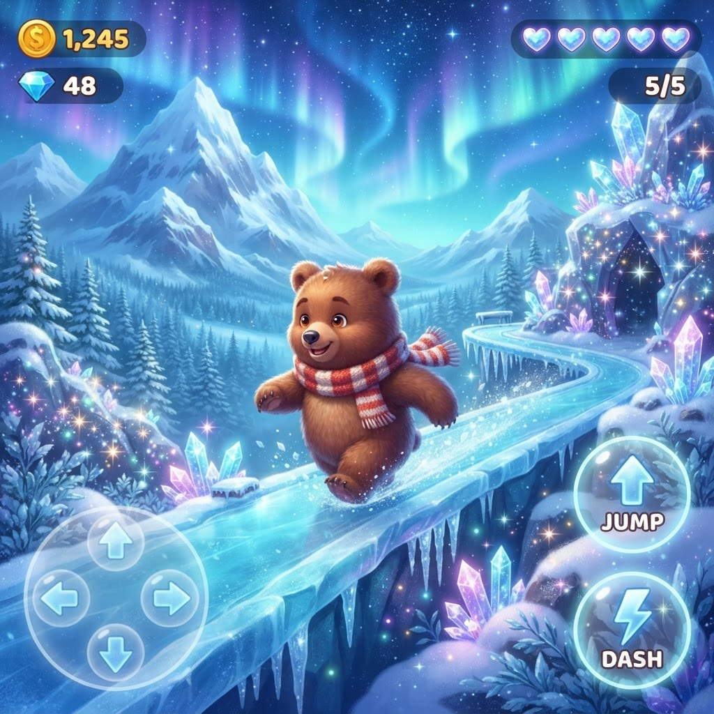 Super Bear Adventure gameplay: Slide across icy peaks